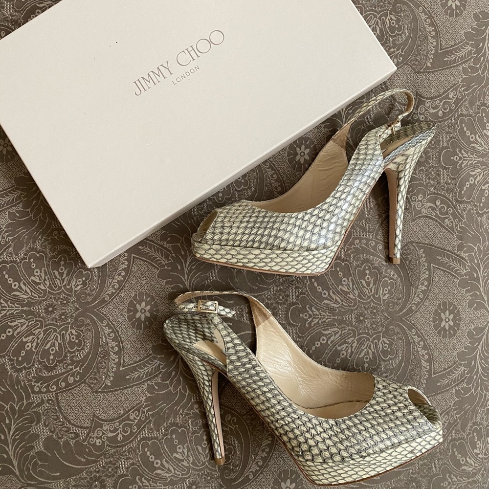 Jimmy Choo - Shiny Elaphe Heels Light Khaki